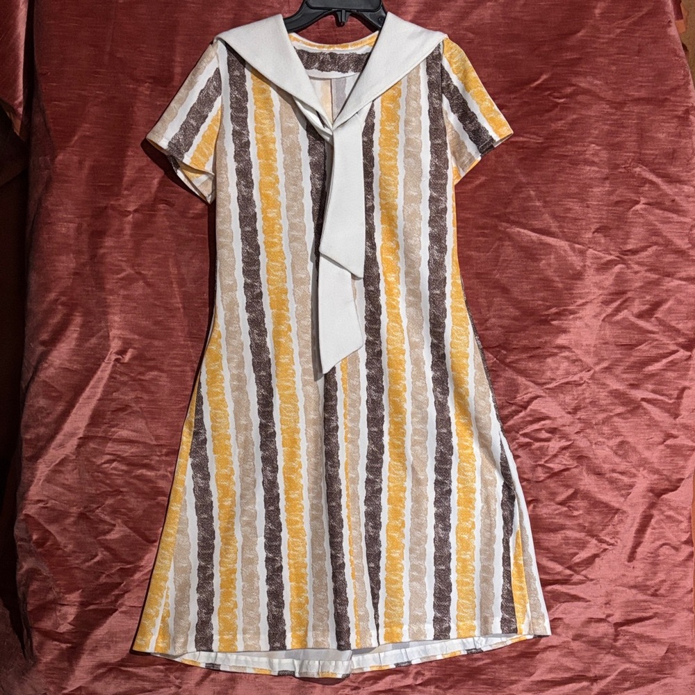 Vintage Striped Yellow and Brown Dress with White Collar